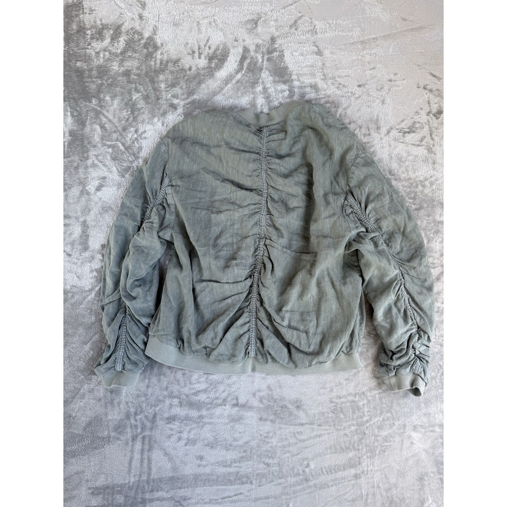 Free People Women's Medium Ruched Sleeve Bomber Jacket Olive Green Linen Blend - Picture 9 of 10